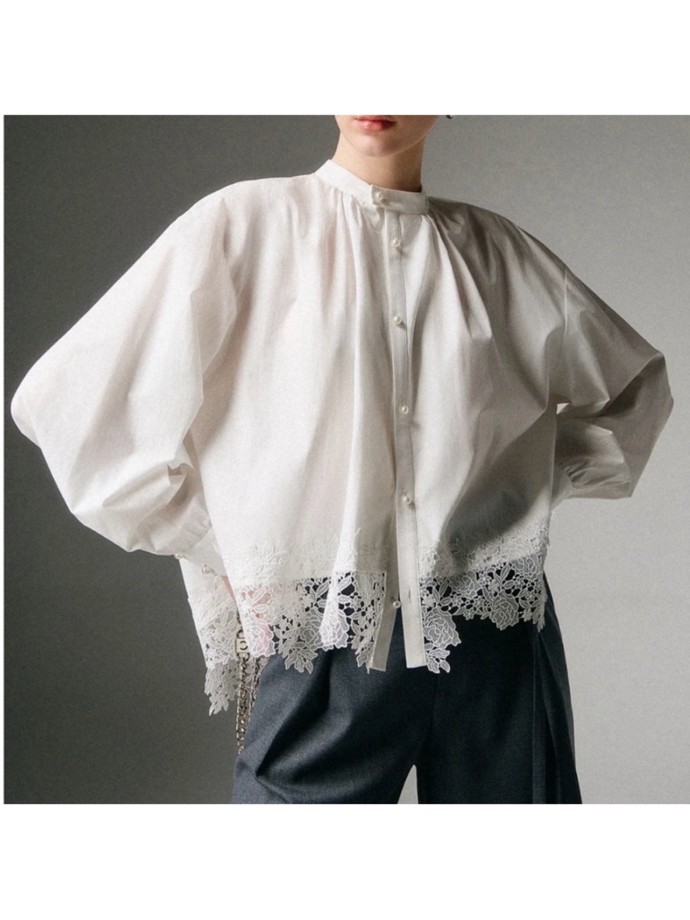 KOHS Collection Faux Pearl White Lace Hem Balloon Sleeve Blouse shirt S